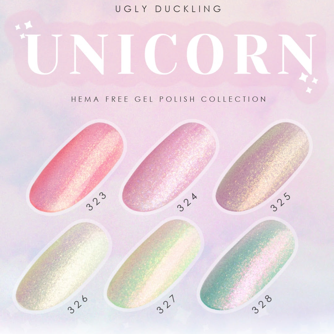 Advertisement for 'Unicorn' gel polish collection with colorful nail samples on a light pink background.