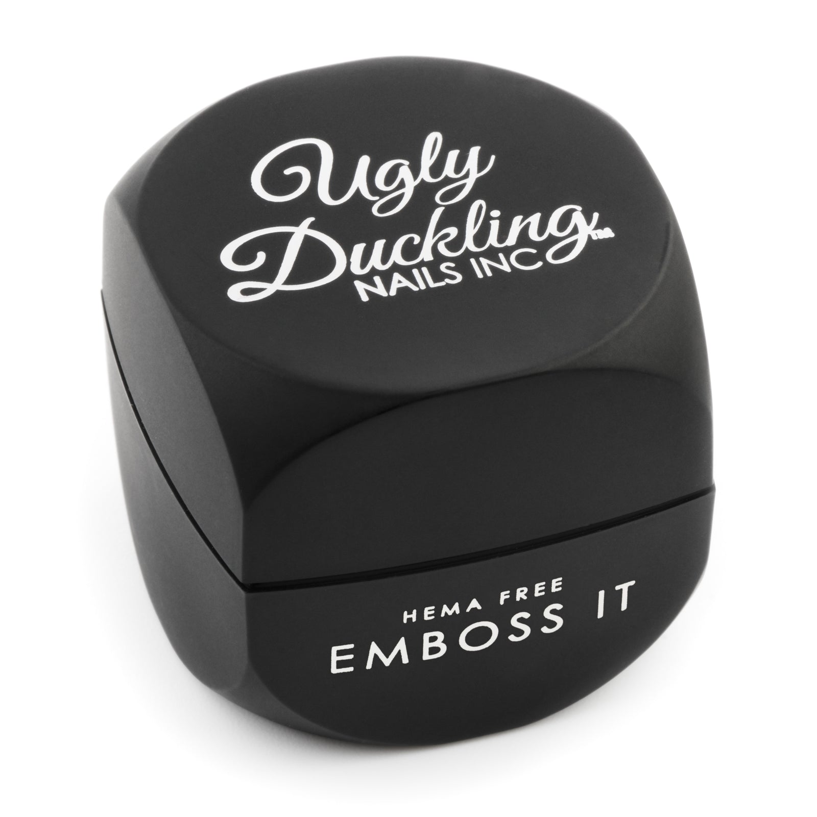 Image of the EMBOSS IT Gel container from Ugly Duckling Nails. The sleek, black jar features the brand's logo and product name, with a clear lid showcasing the gel's creamy consistency inside. Ideal for creating embossed nail art designs, the container has a professional, high-quality appearance.